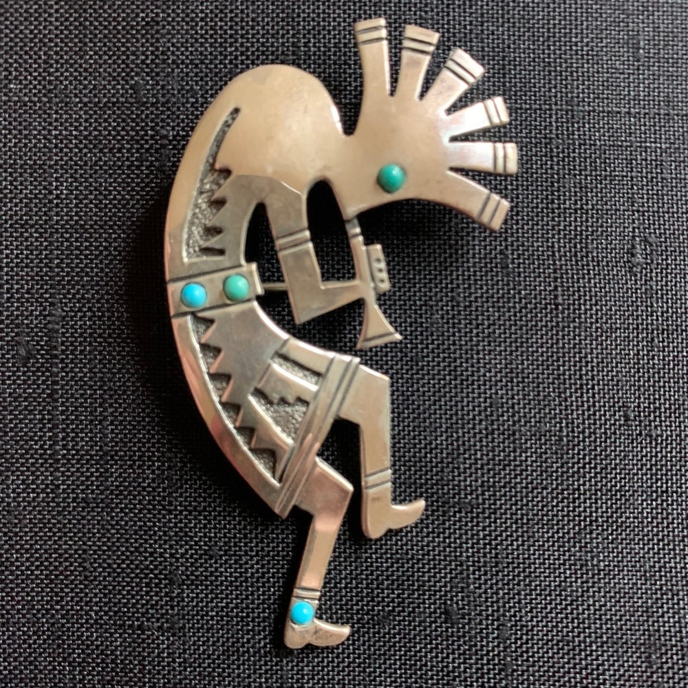 Vintage Sterling Turquoise Kokopelli Pendant Brooch Southwestern 2.5"